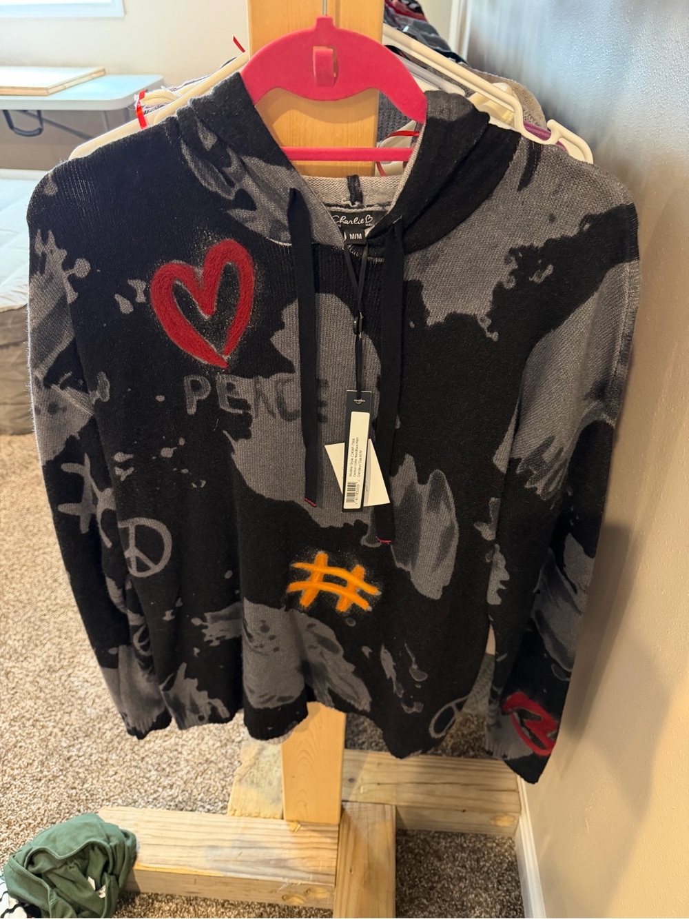 NWT CHARLIE B Black & Gray sweater Hoodie with Red and Orange Accents
